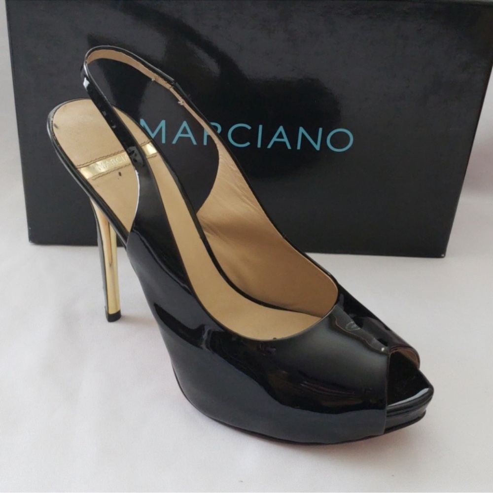 Marciano Black Peep Toe Slingback Heels